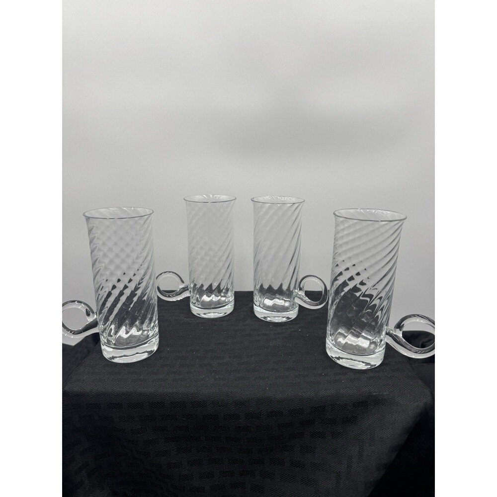 4 Irish Coffee Art Glass Mug Set Curled Handle Twist Spiral 6.75" Handmade OOAK